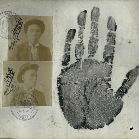 Front and side photographs and hand print from the Back of Certificate of Domicile of Ah Chong, 4 August 1903 (ST84/1, 1903/161-170)