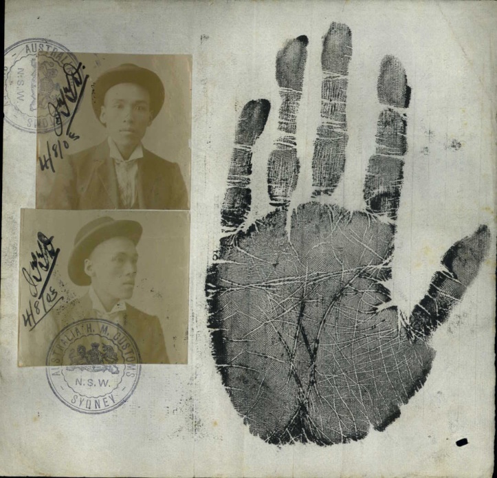 Front and side photographs and hand print from the Back of Certificate of Domicile of Ah Chong, 4 August 1903 (ST84/1, 1903/161-170)